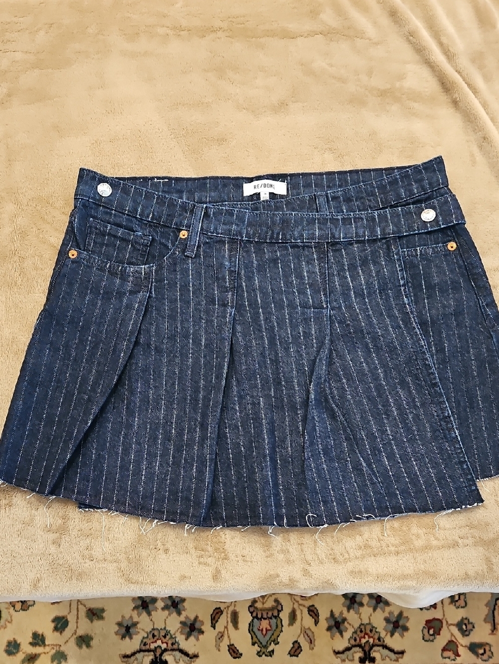 Re/Done Navy Pinstripe Pleated Denim Mini Skirt
